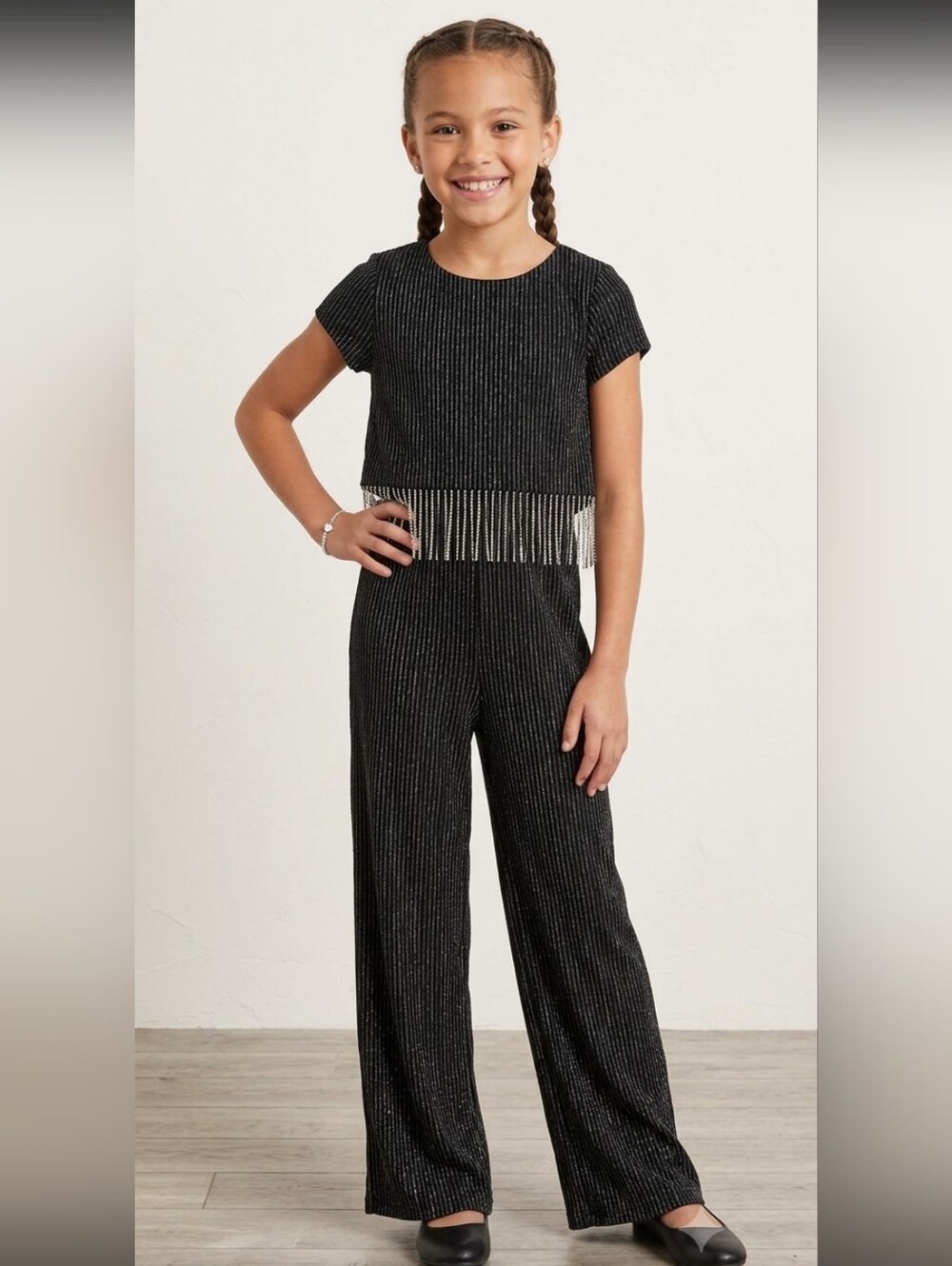 Xtraordinary Black Metallic Fringe Crop Jumpsuit